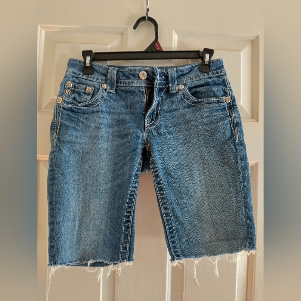 Miss Me Distressed Blue Jean Bermuda Shorts with Raw Hem